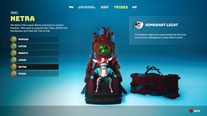 A Biomutant screenshot of the Tribes screen in the pause menu, showcasing the Netra tribe.