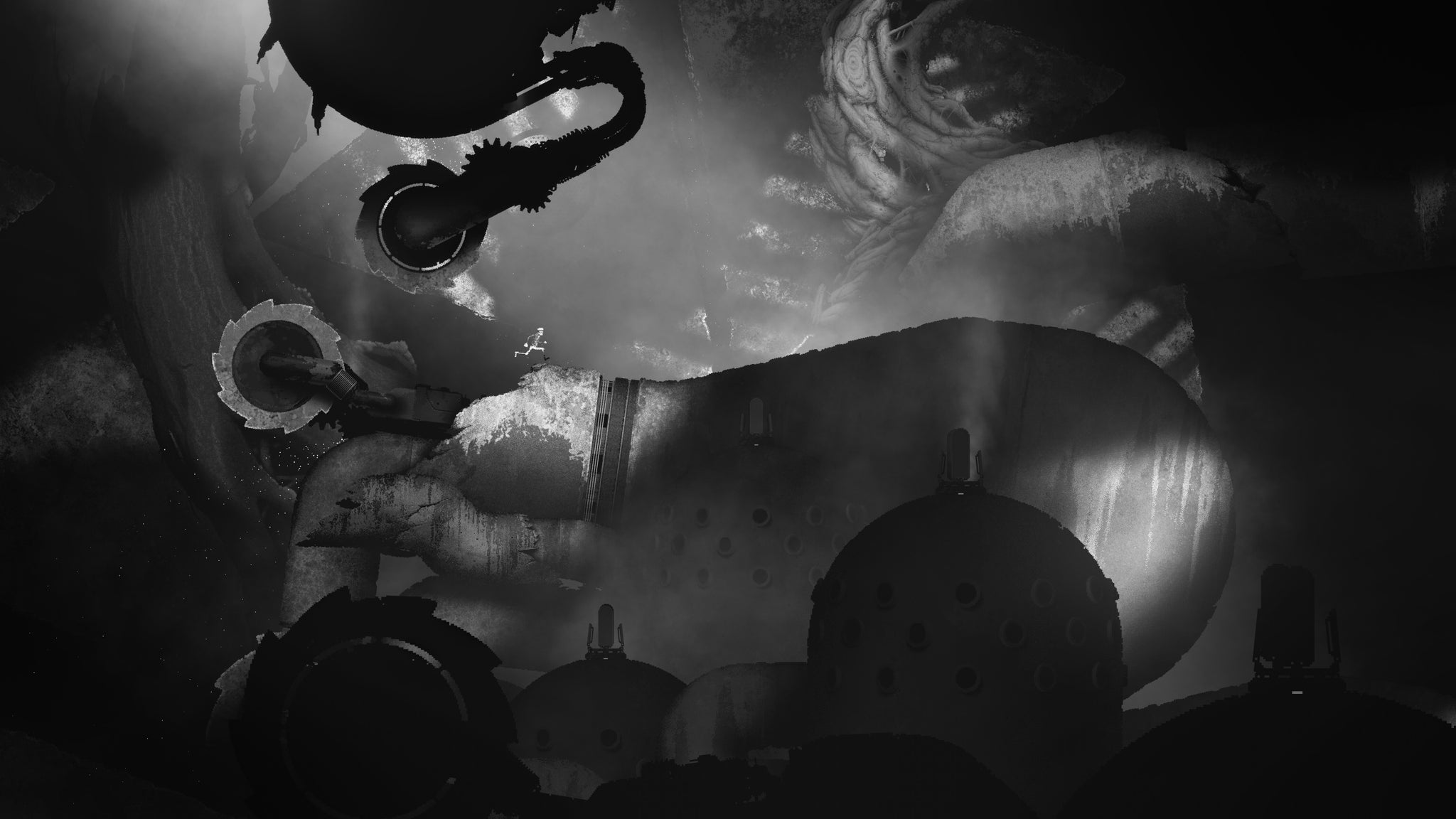 A scene of a gangly scientist hopping around a huge, shadowy cave of machines in Bionic Bay - 18