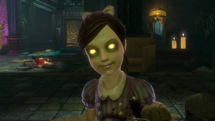 A BioShock 2 Remastered screenshot showing a Little Sister with eerily glowing eyes staring into the camera.