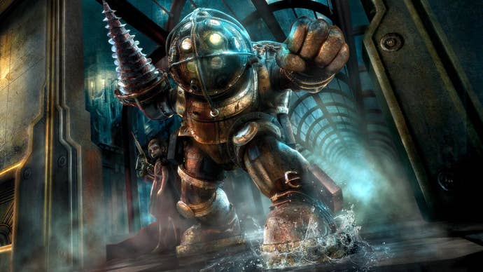 A menacing Big Daddy wields a drill-bit arm in the player’s direction.