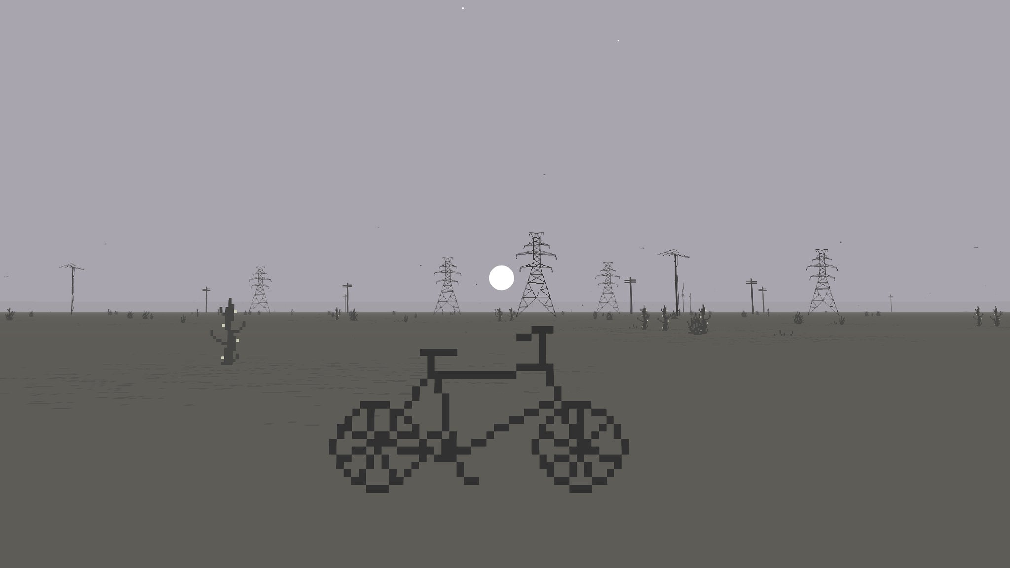 A bicycle stands in a grey desert full of pylons and antenna in a Bird Snapper screenshot. - 3
