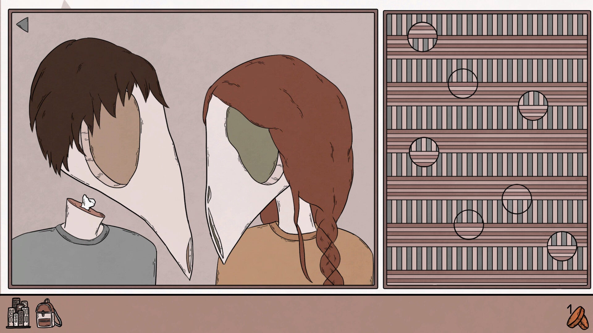 A screenshot from the game Birth. Two pointy skulled, um, characters with no skin or innards beneath their gaping eyes, face each other.