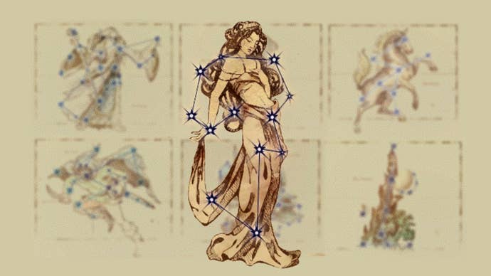 The Lover birthsign from The Elder Scrolls IV: Oblivion, showing a woman draped in ethereal robes with a constellation map on her body. Other constellations maps are behind her.