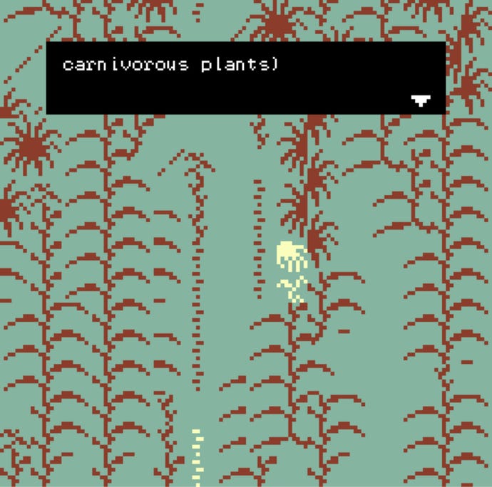 A small pixel character wanders a forest in “moss as texture folding in on itself”