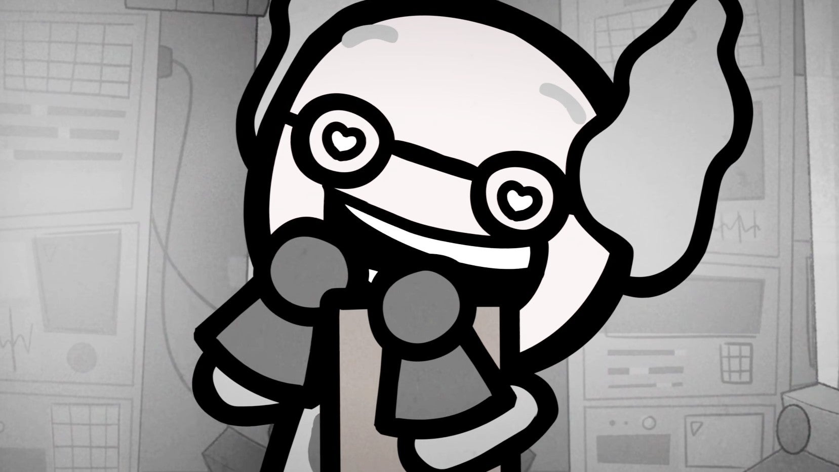 black and white screenshot from Mewgenics trailer showing a scientist with hearts in his eyes