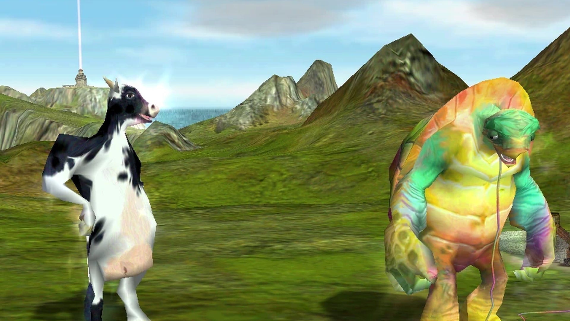A cow creature looks at a colourful turtle creature in Black & White. - 1