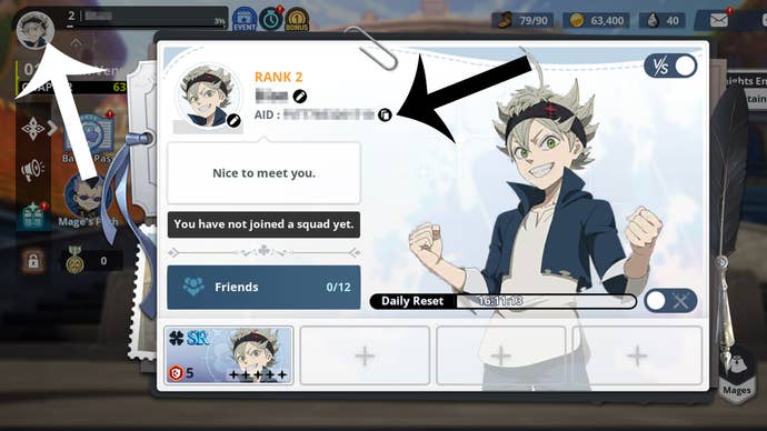 Arrows pointing at the buttons players need to press to get their Account ID in Black Clover M.