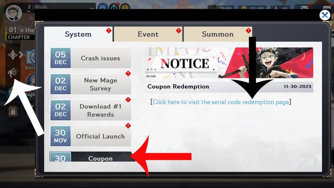 Arrows pointing at the buttons players need to press to access the coupon redemption screen in Black Clover M.