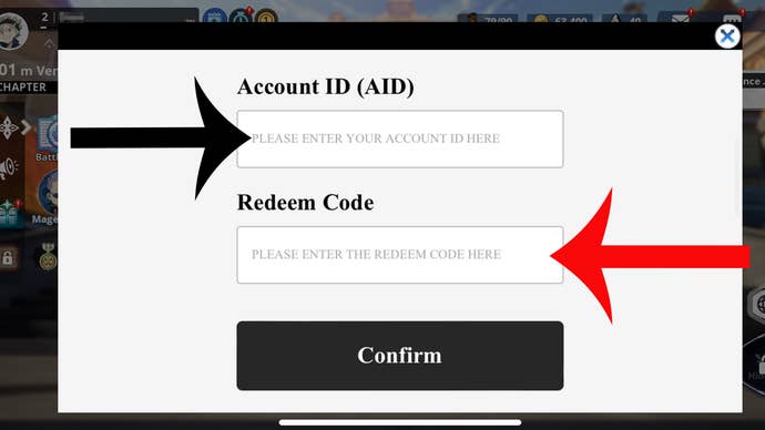 Arrows pointing at the textboxes users need to enter details into on the codes menu in Black Clover M.