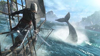 An Assassin's Creed: Black Flag screenshot showing pirate protagonist Edward Kenway leaning out from his ship's rigging as a whale splashes in the ocean ahead.