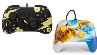 Two third-party Nintendo Switch controllers with Pikachu-themed designs.