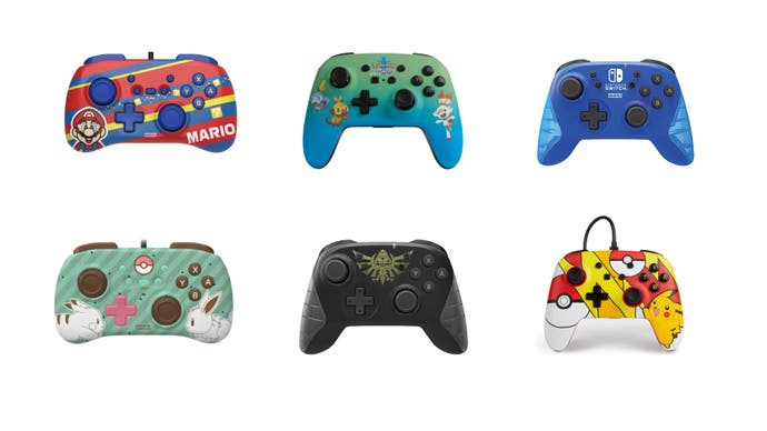 An array of Hori Nintendo Switch controllers featuring designs from Pokemon, Zelda and Mario.
