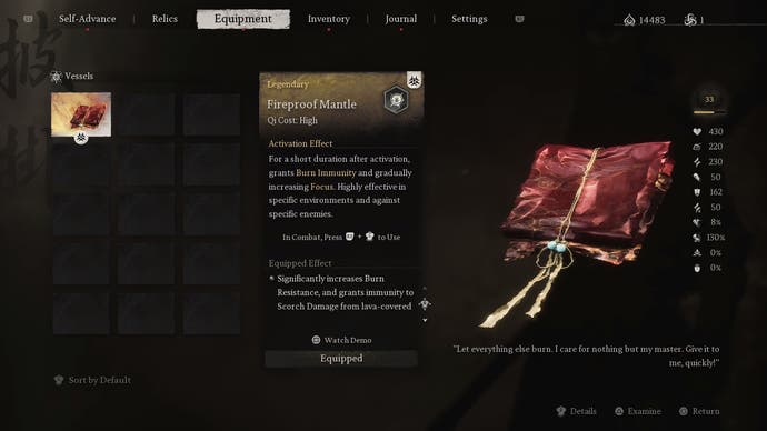 Fireproof Mantle displayed in menu