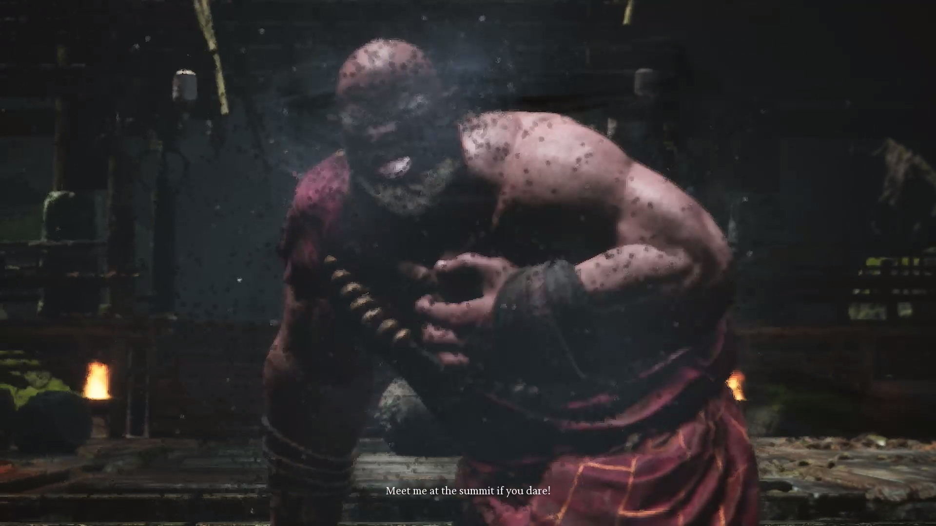 Black Wind King clutching chest and fading away. Subtitles read: &lsquo;Meet me at the summit if you dare!'