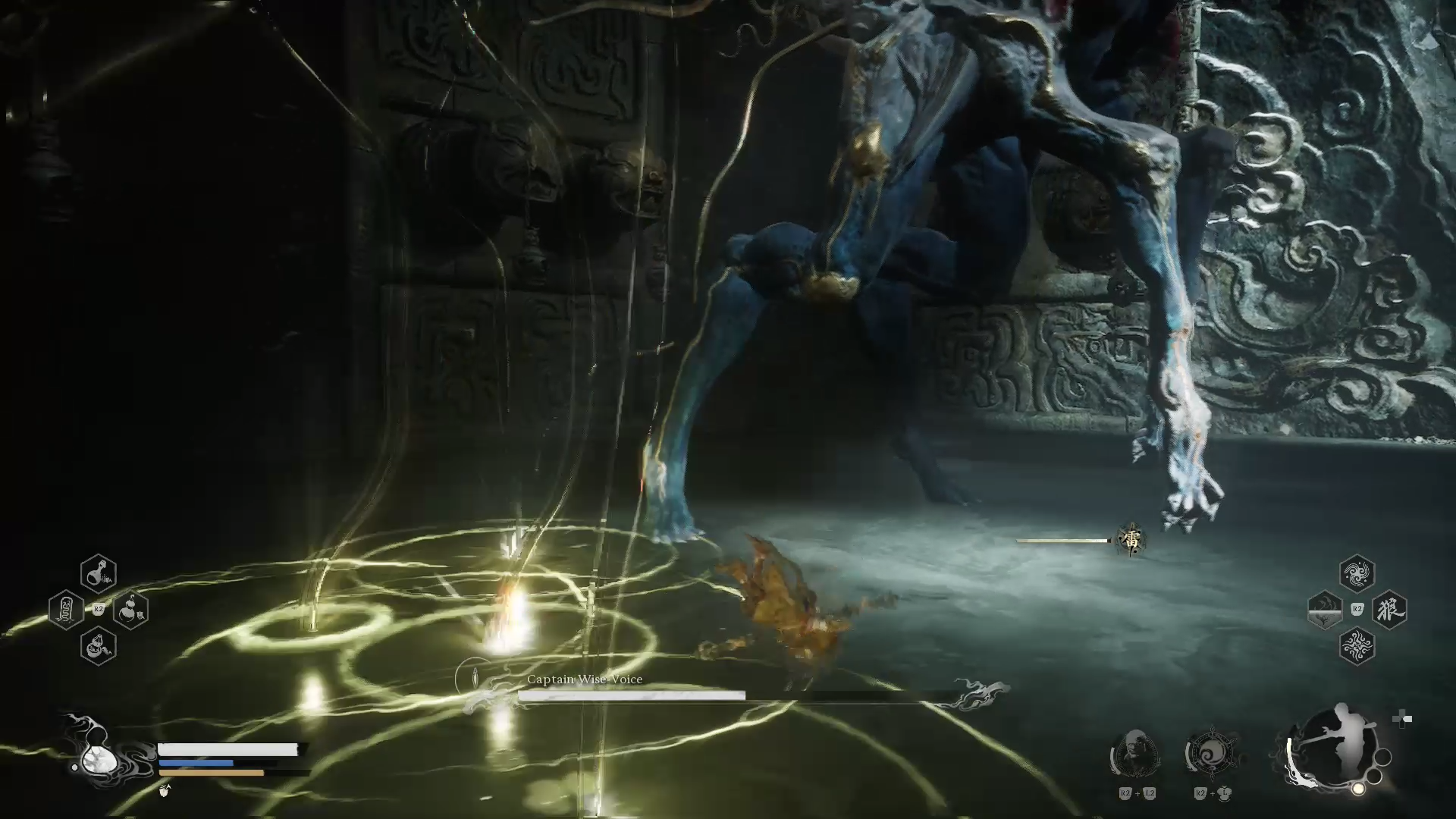 Destined One dodging ground-based lightning attacks from Captain Wise-Voice