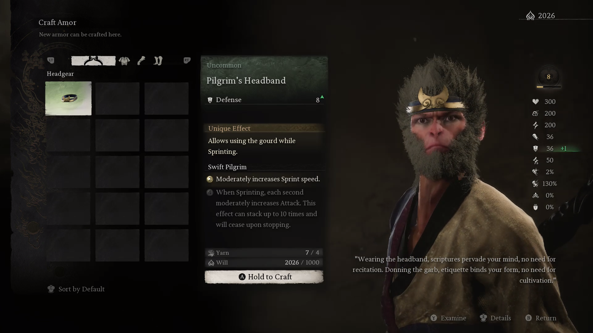 Equipment menu showing Destined One&rsquo;s head gear