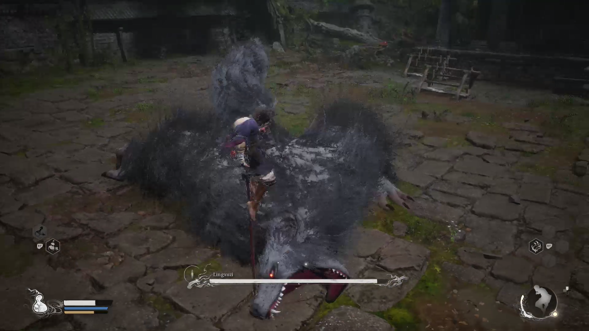 Destined One elevated on top of their staff to avoid Ling Xuzi&rsquo;s attack