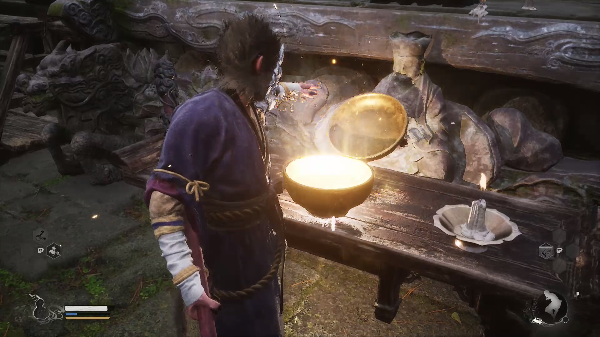 Destined One opens a glowing pot on an altar table