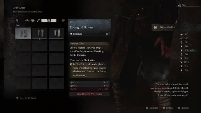 Armour crafting menu