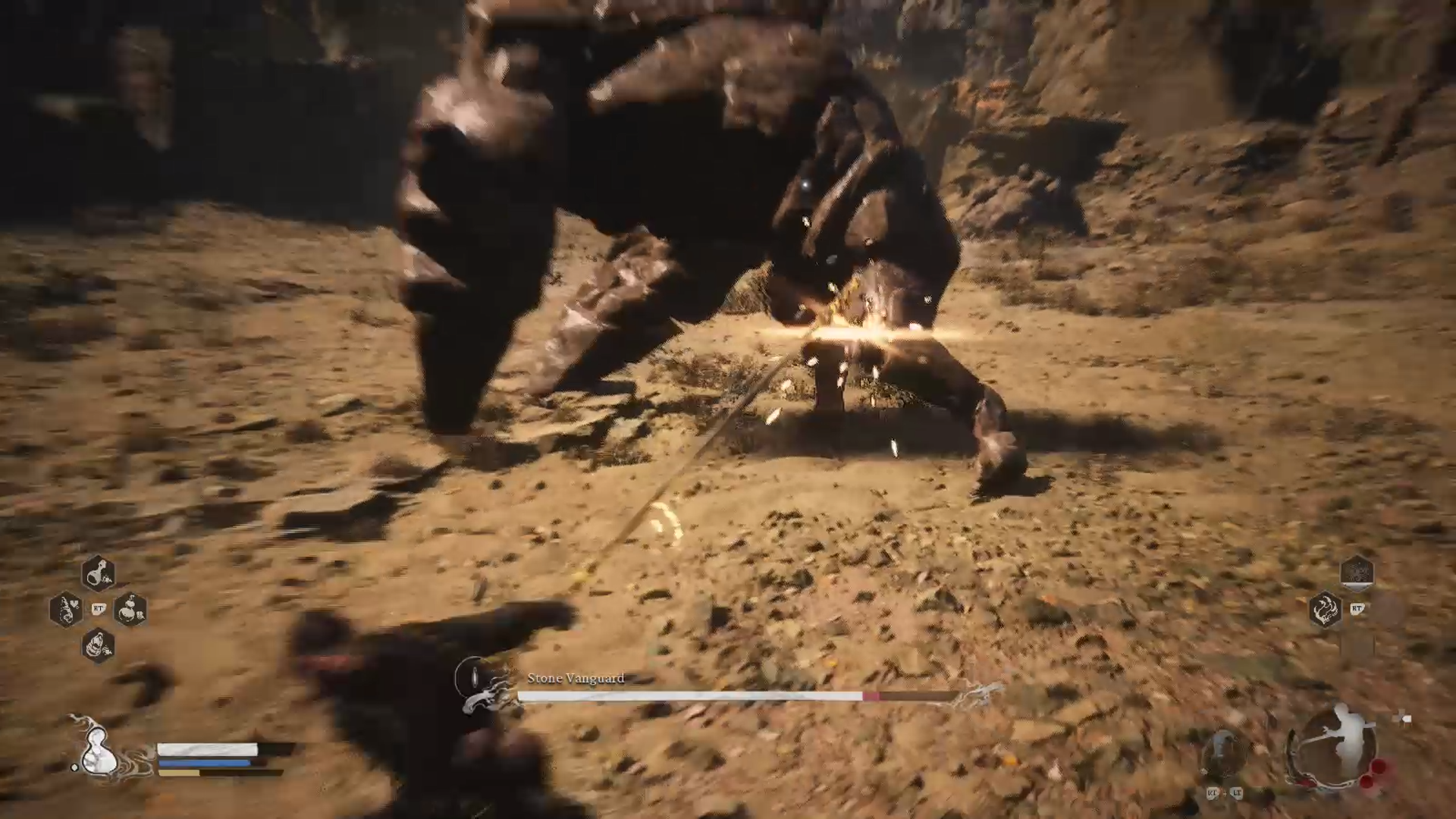 Destined One performs heavy thrust attack on Stone Vanguard