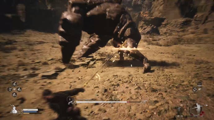 Destined One performs heavy thrust attack on Stone Vanguard