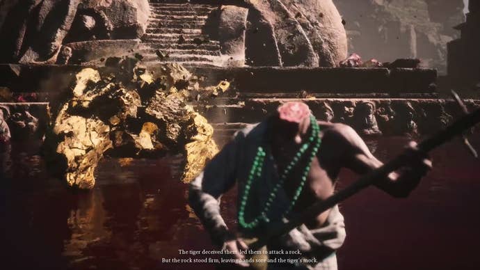 Defeated Tiger Vanguard turns to rock as headless musician performs in foreground