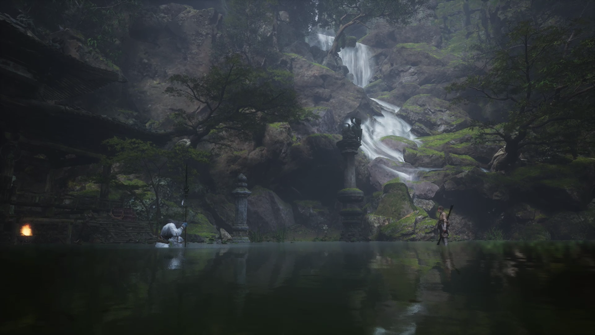 Wideshot of Whiteclad Noble and Destined One in the marsh, the former sunk to his knees