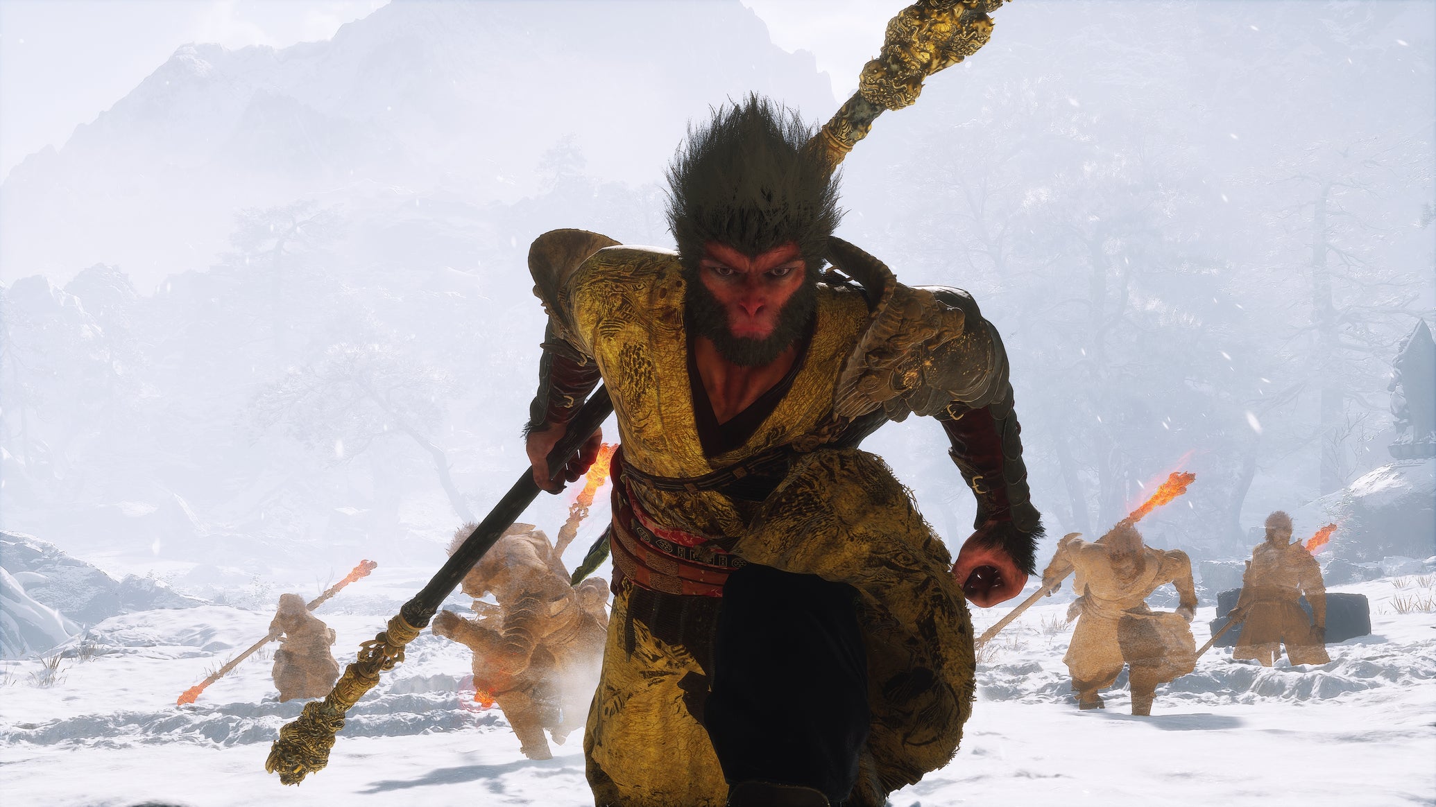 The player in Black Myth: Wukong runs towards the camera in a snowy landscape, with numerous decoys following behind. - 1