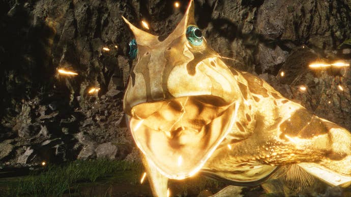 A close-up of the Baw-Baw-Lang-Lang Spirit belching lightning in Black Myth: Wukong.