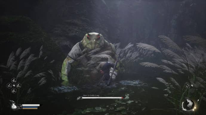 The player in Black Myth: Wukong fights against Baw-Li-Guhh-Lang, a giant frog boss in a river.