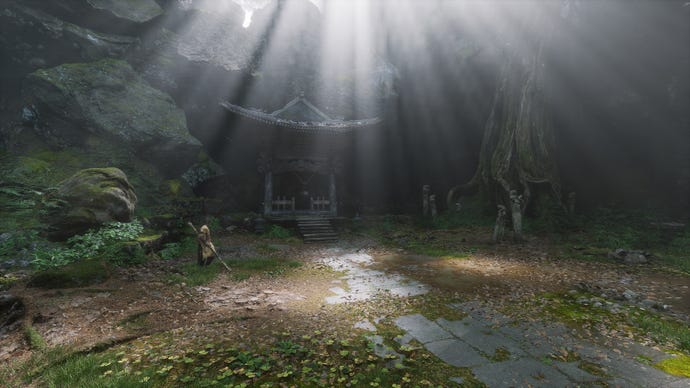 An establishing shot of the location of the Bell near the Guangzhi boss arena in Chapter 1 of Black Myth: Wukong.