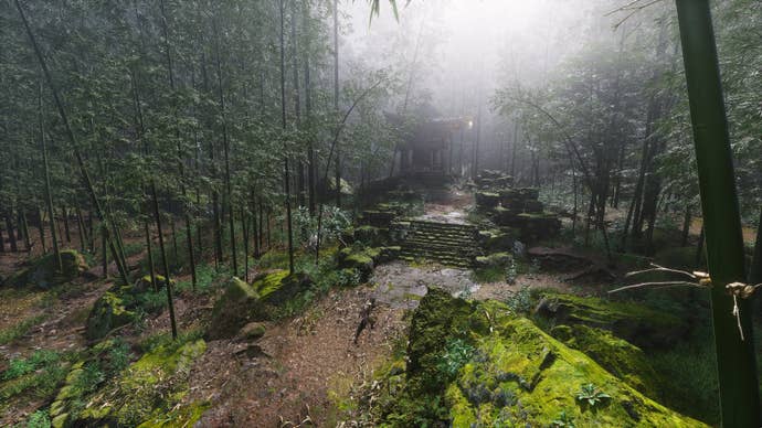 An establishing shot of the location of the Bell near the Guangmou boss arena in Chapter 1 of Black Myth: Wukong.