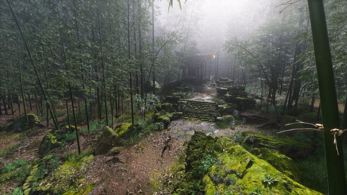 An establishing shot of the location of the Bell near the Guangmou boss arena in Chapter 1 of Black Myth: Wukong.