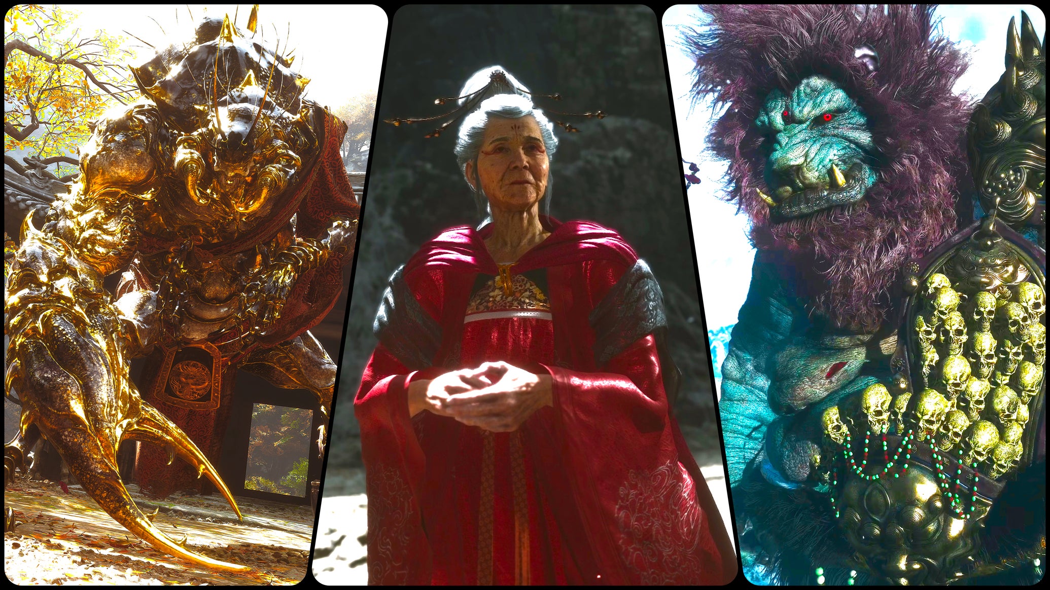 A selection of three bosses from Black Myth: Wukong standing in front of the camera. From left to right: the Scorpionlord, the Violet Spider, and Erlang Shen. - 1