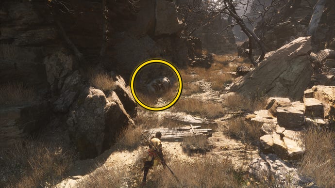 The location of a Buddha head statue on the ground in Fright Cliff, an area in Chapter 2 of Black Myth: Wukong. A yellow circle highlights the position of the Buddha head.