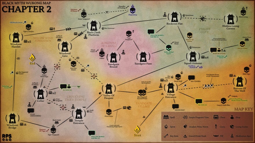 An abstract map of Chapter 2 of Black Myth: Wukong, depicting the locations of all bosses, characters, and collectibles in reference to all the Keeper’s Shrines and the connections and pathways between them.