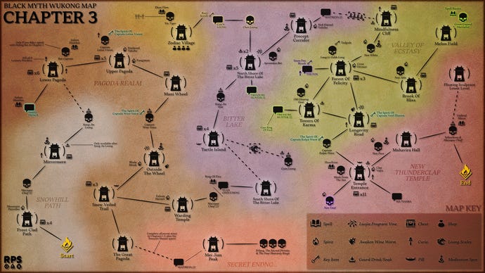 Un mapa abstracto del Capítulo 3 de Black Myth: Wukong, que muestra las ubicaciones de todos los jefes, personajes y objetos coleccionables en referencia a todos los Santuarios del Guardián y las conexiones y caminos entre ellos.