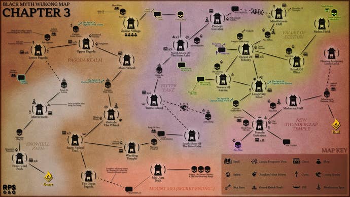 An abstract map of Chapter 3 of Black Myth: Wukong, depicting the locations of all bosses, characters, and collectibles in reference to all the Keeper’s Shrines and the connections and pathways between them.