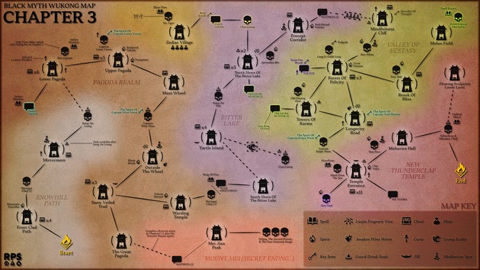 An abstract map of Chapter 3 of Black Myth: Wukong, depicting the locations of all bosses, characters, and collectibles in reference to all the Keeper’s Shrines and the connections and pathways between them.