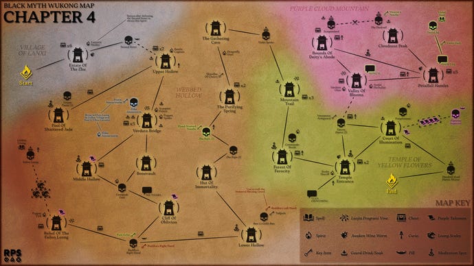 Un mapa abstracto del Capítulo 4 de Black Myth: Wukong, que muestra las ubicaciones de todos los jefes, personajes y objetos coleccionables en referencia a todos los Santuarios del Guardián y las conexiones y caminos entre ellos.