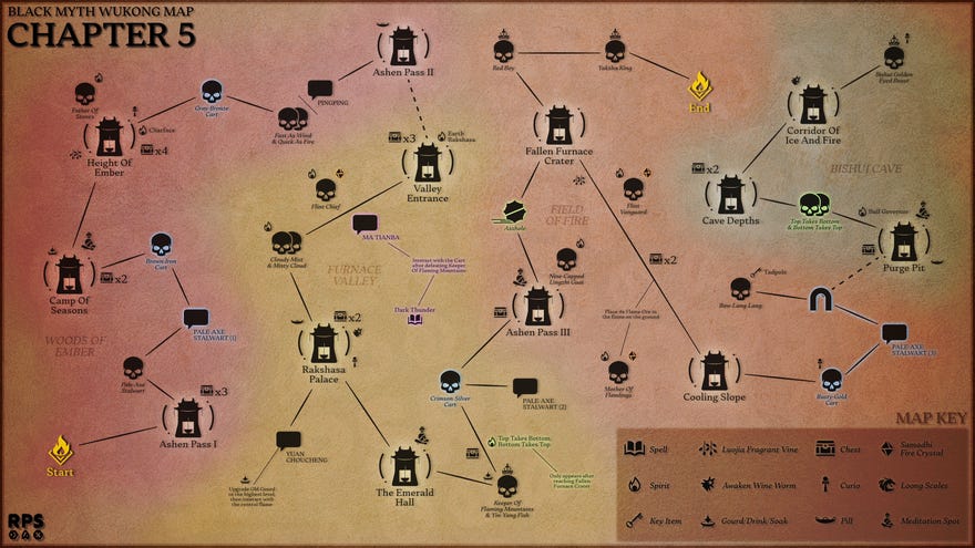 An abstract map of Chapter 5 of Black Myth: Wukong, depicting the locations of all bosses, characters, and collectibles in reference to all the Keeper’s Shrines and the connections and pathways between them.