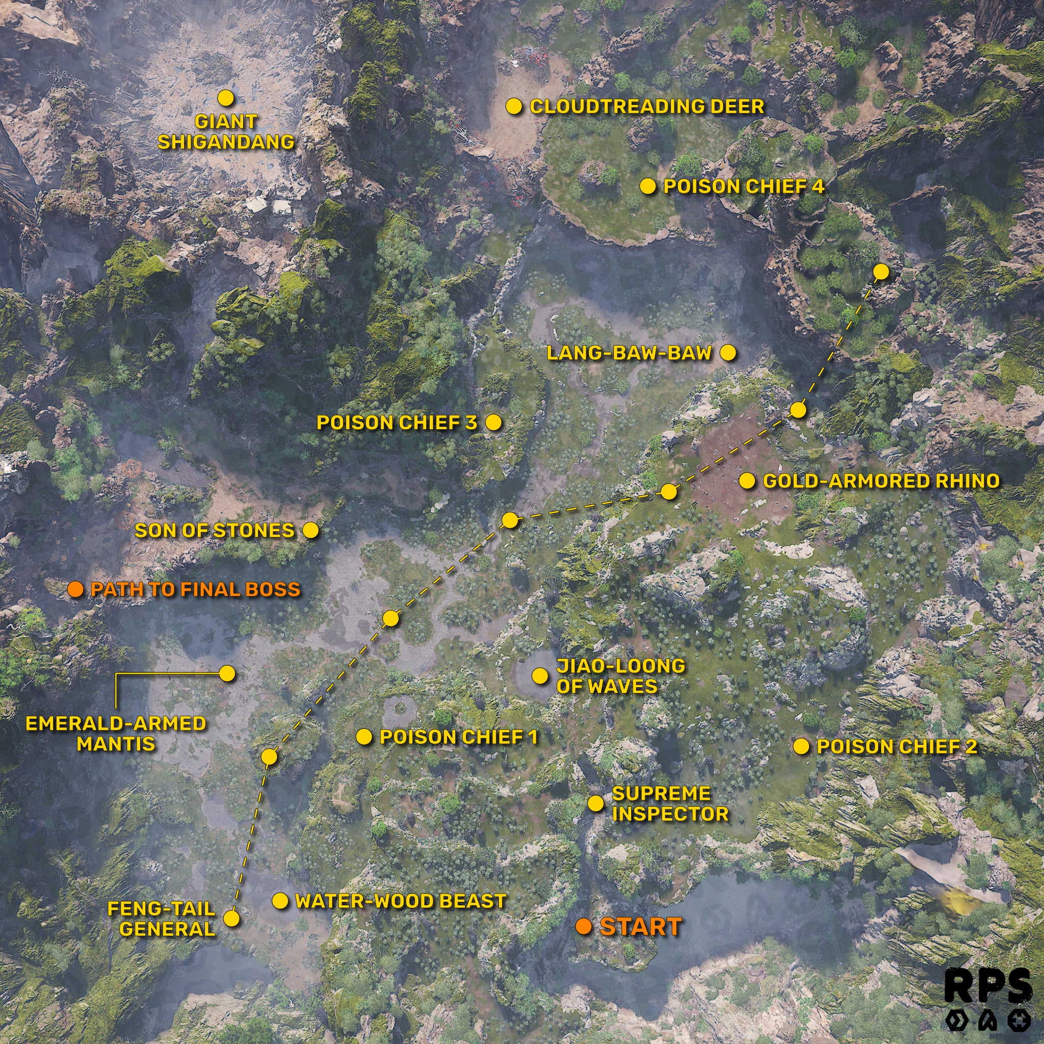 A top-down map view of the forest-covered Foothills landscape in Chapter 6 of Black Myth: Wukong, with the locations of all the Chapter's bosses annotated in yellow. - 5