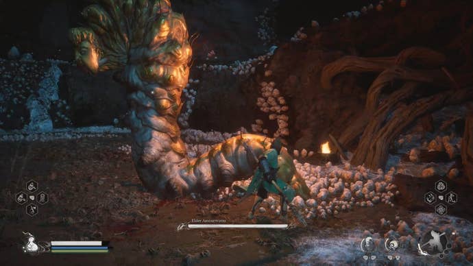 A screenshot of the Elder Amourworm boss in Chapter 4 of Black Myth: Wukong.