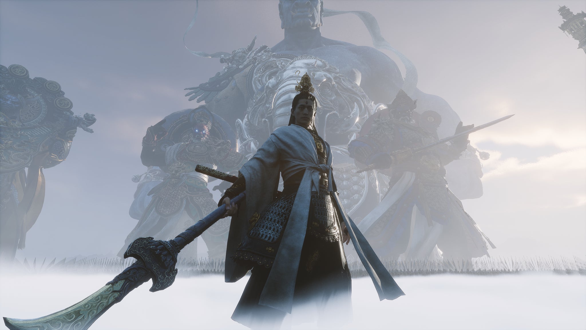 A screenshot of Erlang, the boss in the prologue of Black Myth: Wukong, standing on a landscape of clouds. - 4