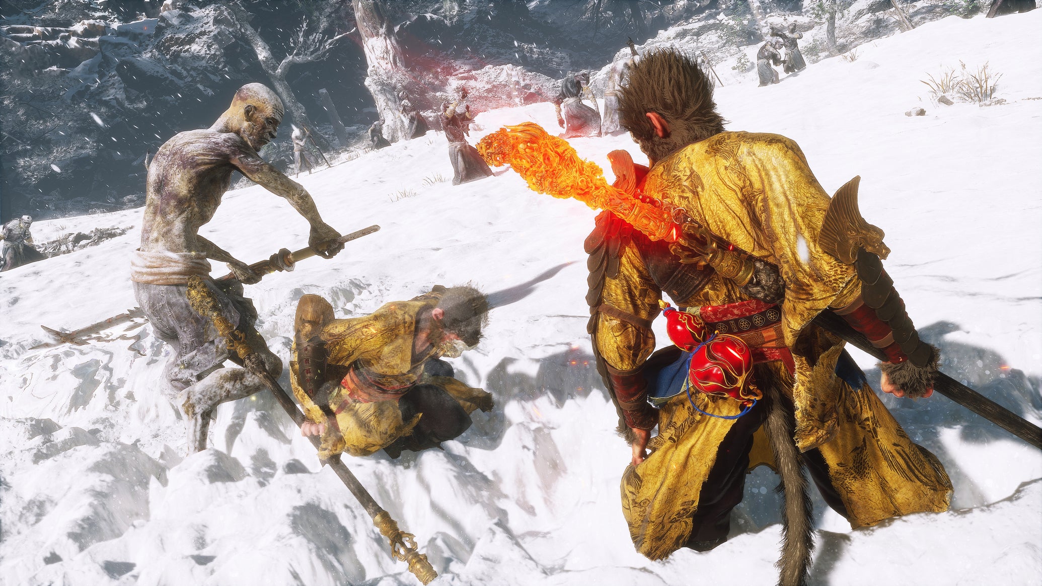 The player in Black Myth: Wukong faces off against an undead sword-wielding enemy in a snowy landscape. - 1