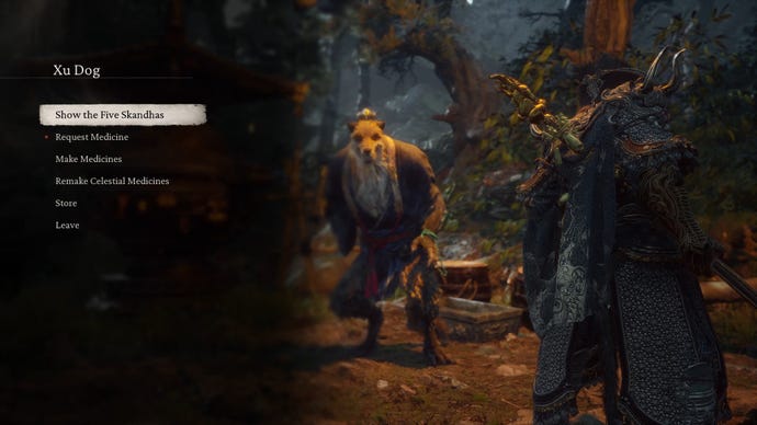 The player in Black Myth: Wukong presents the Five Skandhas to Xu Dog in Zodiac Village.