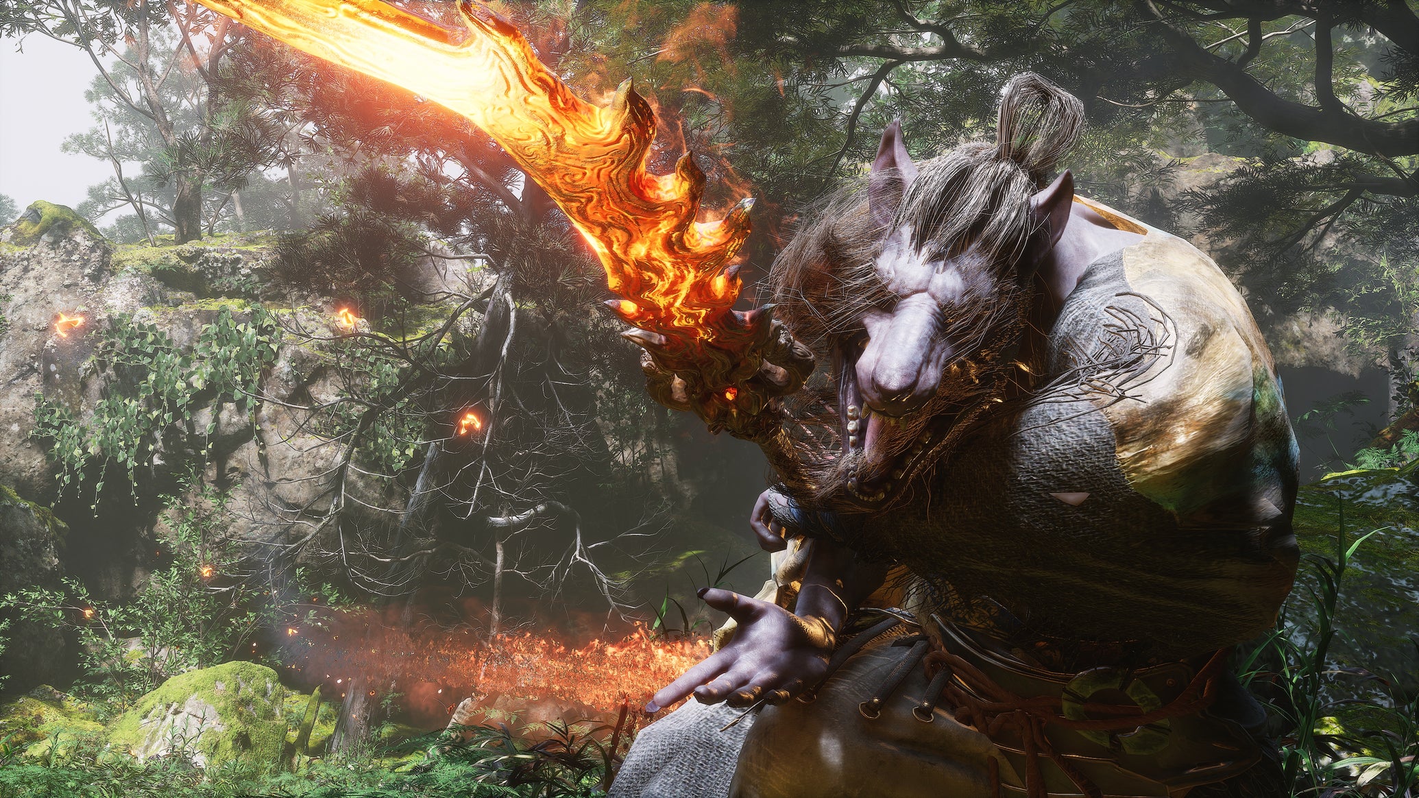 A close-up of Guangzhi, a boss in Chapter 1 of Black Myth: Wukong, attacking towards the camera with his double-bladed flaming staff. - 1