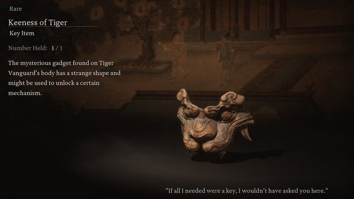 The item menu screen for the Keeness of Tiger key item from Black Myth Wukong