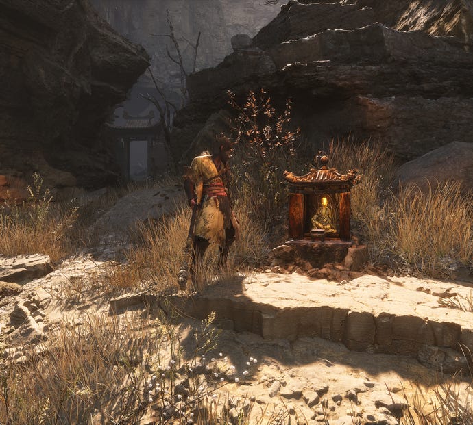 The player in Black Myth: Wukong stands next to a Keeper’s Shrine in Chapter 2.