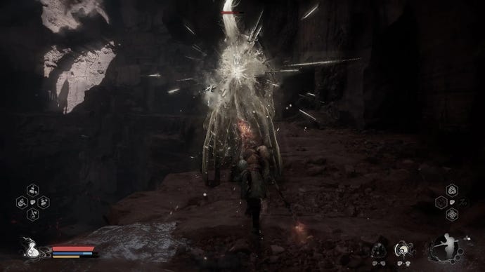 The player in Black Myth: Wukong attacks a Lantern Warden in the Pagoda Realm of Chapter 3.